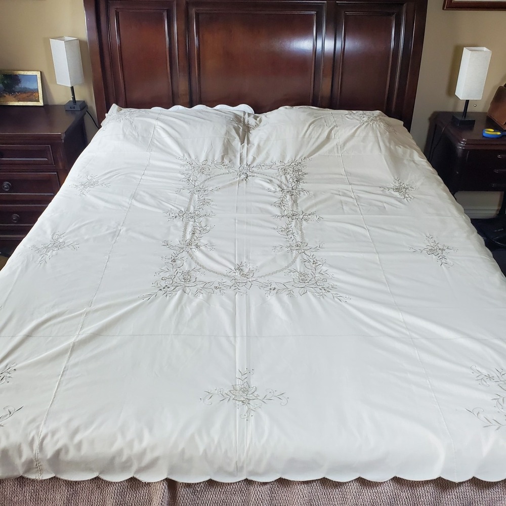 Embroided White Scalloped Edge Cotton Tablecloth Vtg Masjien Embroid 80x84 Vtg